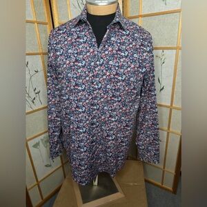 J. Ferrar Stretch Slim Navy Mini Floral Long Sleeve ButtonUp Mens Shirt Sz Large